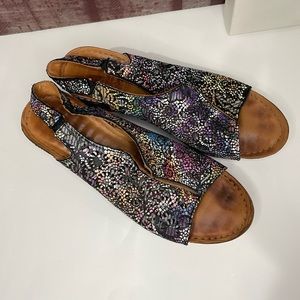 Bonavi leather laser cut floral sling back wedge open toe sandals 39